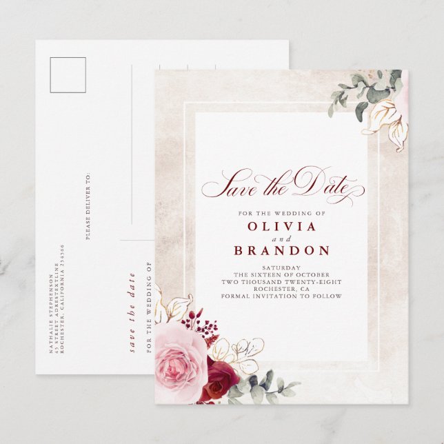 Burgundy Red Floral Elegant Save The Date Announcement Postcard (Front/Back)