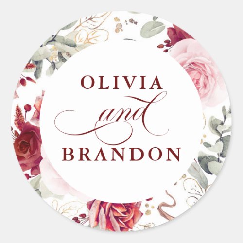 Burgundy Red Floral Elegant Wedding Classic Round Sticker