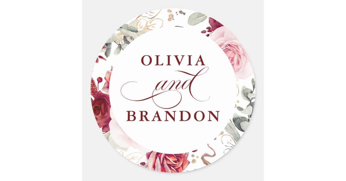 Burgundy Red Floral Elegant Wedding Classic Round Sticker | Zazzle
