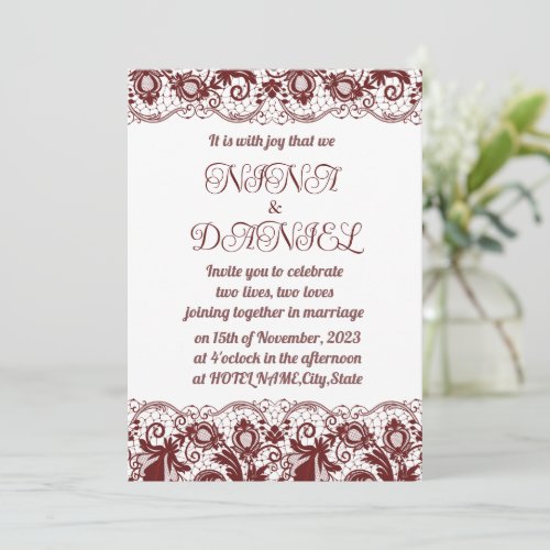 Burgundy red floral elegant wedding invitation