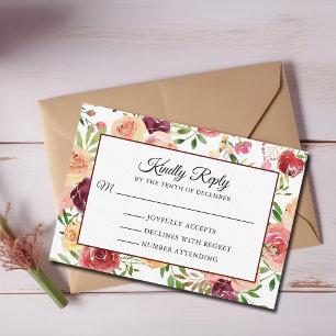 Burgundy Red Floral Elegant Wedding RSVP Card