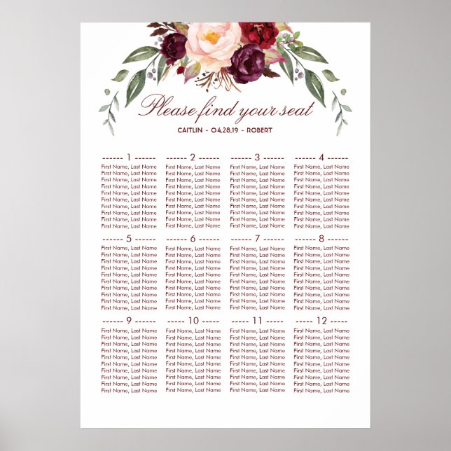 Burgundy Red Floral Elegant Wedding Seating Chart (Front)