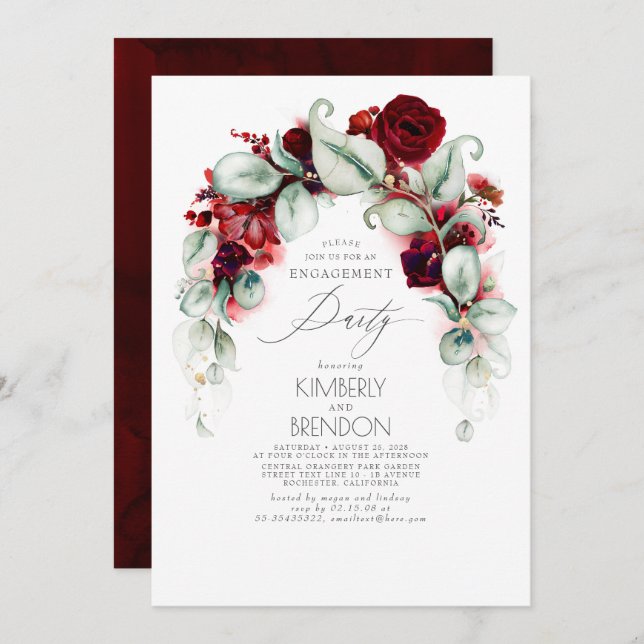 Burgundy Red Floral Engagement Party Invitation (Front/Back)