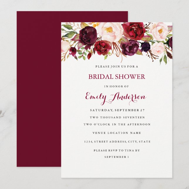 Burgundy Red Floral Fall Bridal Shower Card (Front/Back)