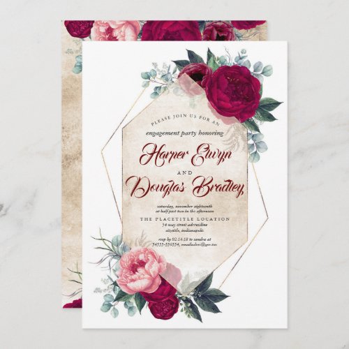 Burgundy Red Floral Fall Engagement Party Invitation