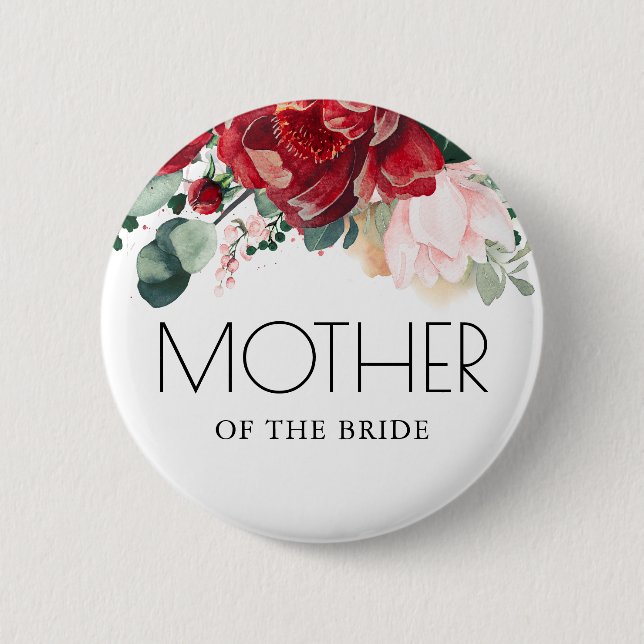 Burgundy Red Floral Fall Wedding Button (Front)