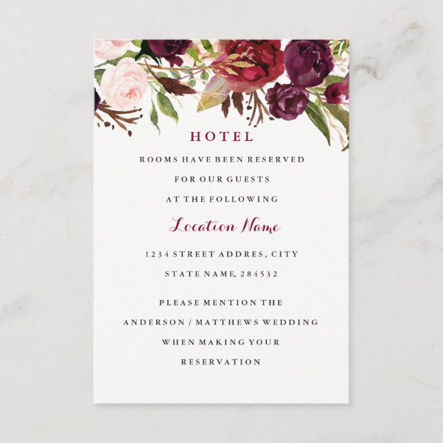 Burgundy Red Floral Fall Wedding Hotel Card (Front)
