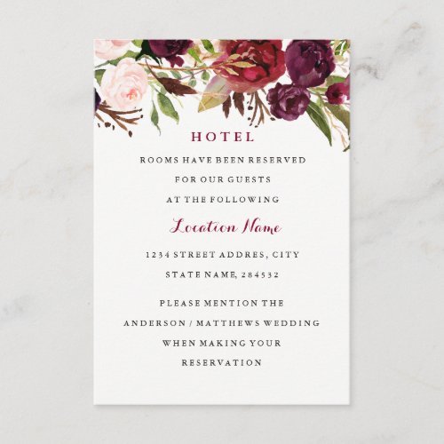 Burgundy Red Floral Fall Wedding Hotel Card