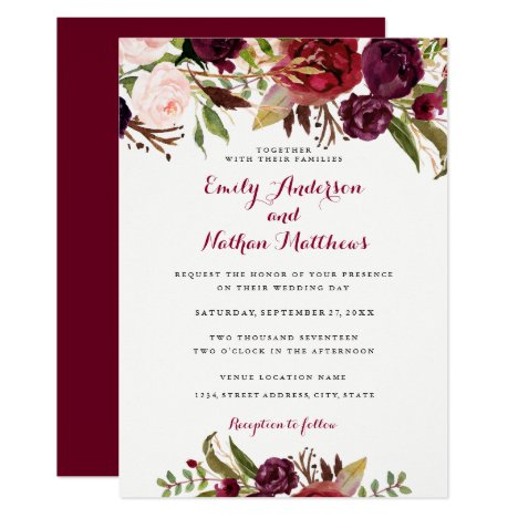 Burgundy Red Floral Fall Wedding Invitation