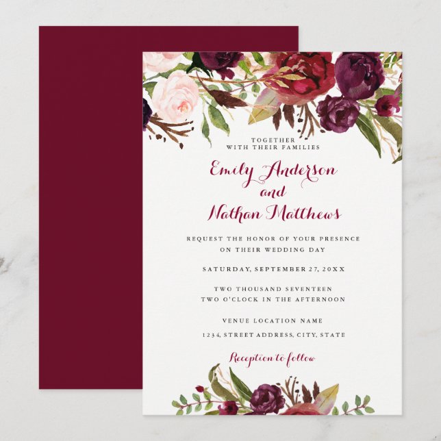 Burgundy Red Floral Fall Wedding Invitation (Front/Back)