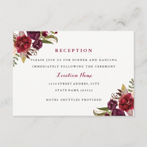 Burgundy Red Floral Fall Wedding Reception Card