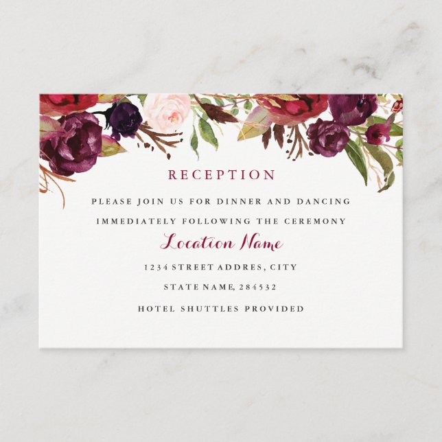 Burgundy Red Floral Fall Wedding Reception Card (Front)