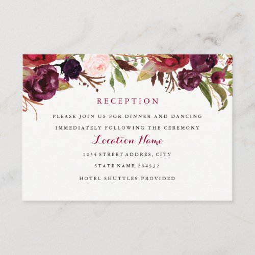 Burgundy Red Floral Fall Wedding Reception Card