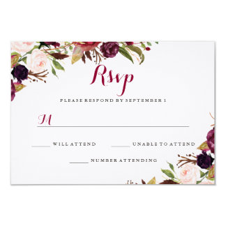 Burgundy Red Floral Fall Wedding RSVP Card