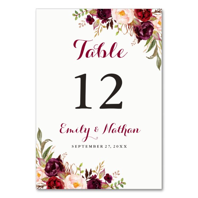 Burgundy Red Floral Fall Wedding Table Number (Front)