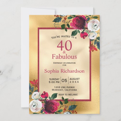 Burgundy Red Floral Faux Gold Foil 40th Birthday Invitation