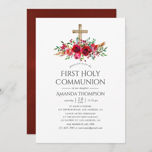 Burgundy Red Floral First Holy Communion Invitation