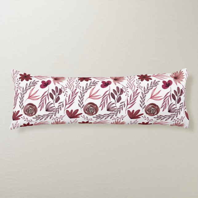 Burgundy Red Floral Foliage Flower Leaves Body Pillow (Front)