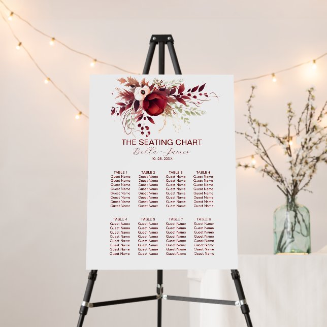 Burgundy Red Floral Foliage Wedding Seating Chart Foam Board (In Situ (Stand))