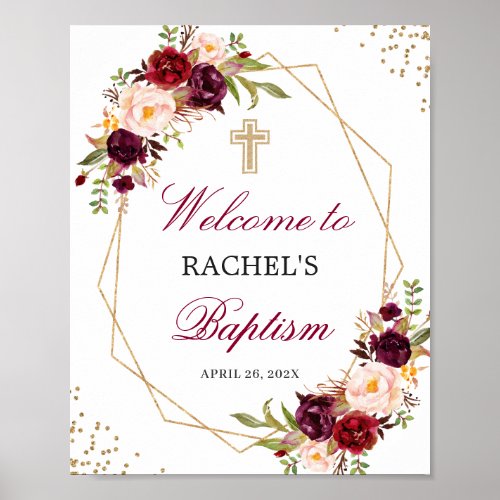 Burgundy Red Floral Geometric Baptism Welcome Sign - Burgundy Red Floral Geometric Baptism Welcome Sign Poster. 
(1) The default size is 8 x 10 inches, you can change it to a larger size.  
(2) For further customization, please click the "customize further" link and use our design tool to modify this template. 
(3) If you need help or matching items, please contact me.