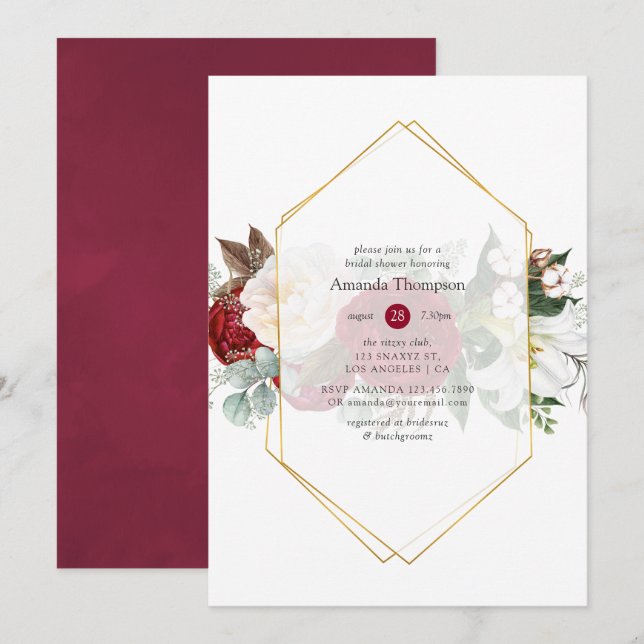 Burgundy Red Floral Geometric Bridal Shower Invitation (Front/Back)