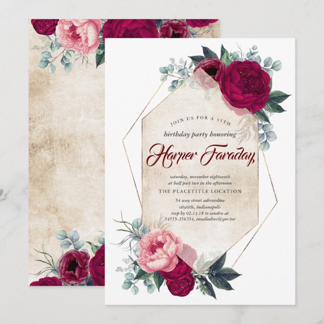 Burgundy Red Floral Geometric Fall Birthday Invitation (Front/Back)