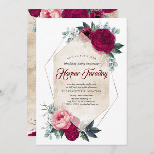 Burgundy Red Floral Geometric Fall Birthday Invitation
