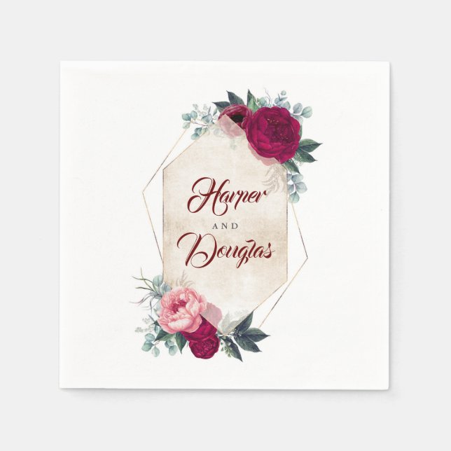 Burgundy Red Floral Geometric Fall Wedding Napkins (Front)
