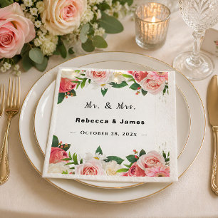 Burgundy Red Floral Geometric Frame Wedding  Napkins