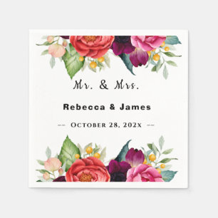 Burgundy Red Floral Geometric Frame Wedding  Napkins