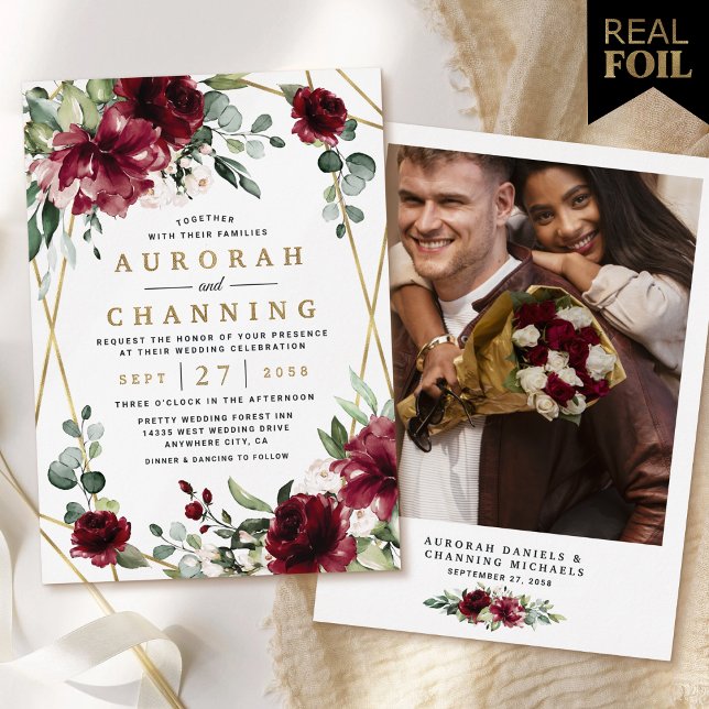Burgundy Red Floral Geometric Photo Wedding Gold Foil Invitation (Creator Uploaded)