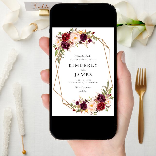 burgundy red floral geometric save the date card (Front Digital)