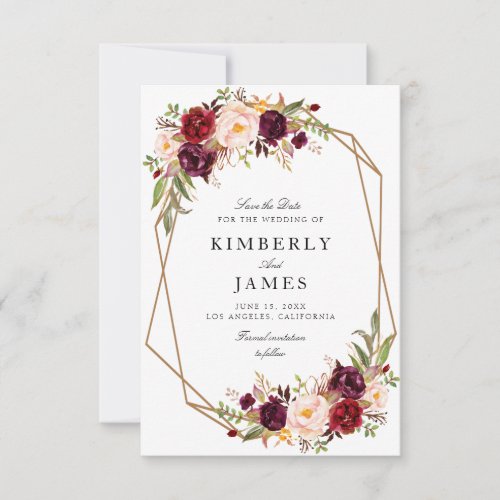 burgundy red floral geometric save the date card