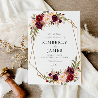 burgundy red floral geometric save the date card