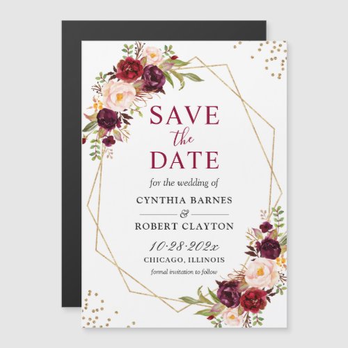 Burgundy Red Floral Geometric Save the Date Magnet - Burgundy Red Blush Floral Save the Date Magnet Magnetic Card