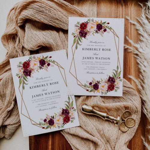 Burgundy red floral geometric wedding invitation