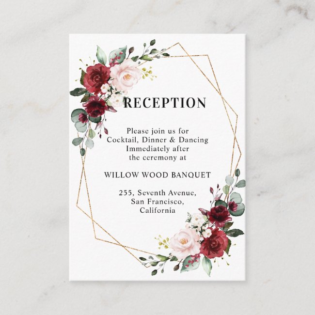 Burgundy Red Floral Geometric Wedding Reception Enclosure Card