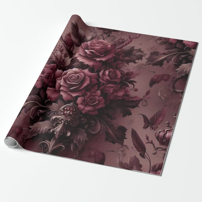 Burgundy Red Floral Gift Wrapping Paper  (Unrolled)