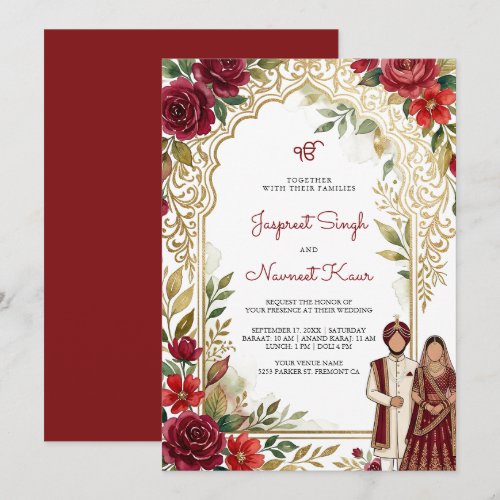 Burgundy Red Floral Gold Arch Sikh Wedding Invitation