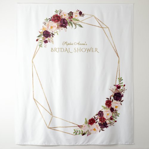 Burgundy Red Floral Gold Bridal Shower Photo Booth Tapestry