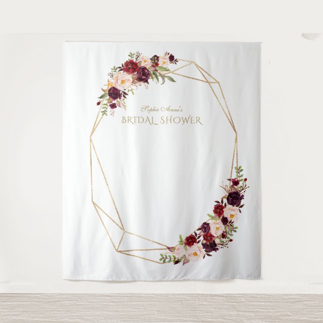 Burgundy Red Floral Gold Bridal Shower Photo Booth Tapestry (Front)