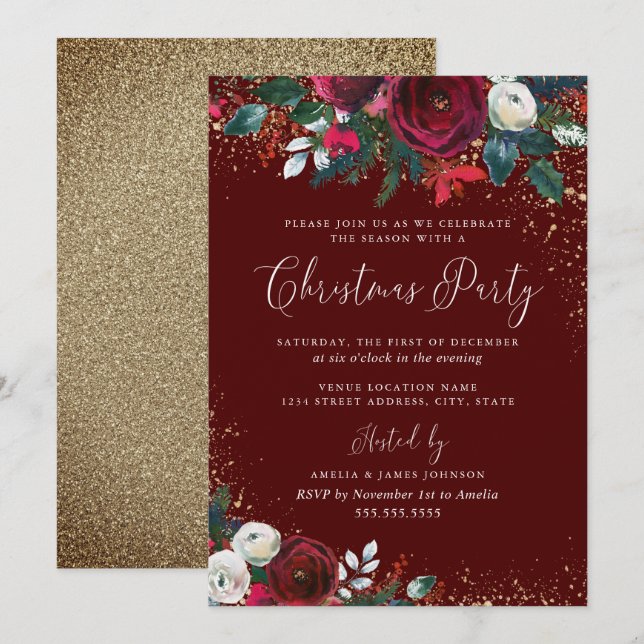 Burgundy Red Floral Gold Dust Christmas Invitation (Front/Back)