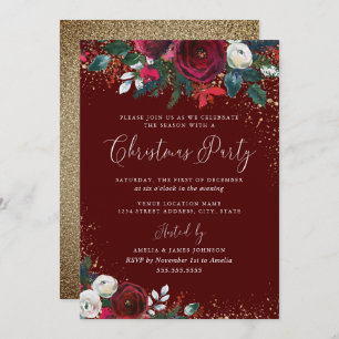 Burgundy Red Floral Gold Dust Christmas Invitation