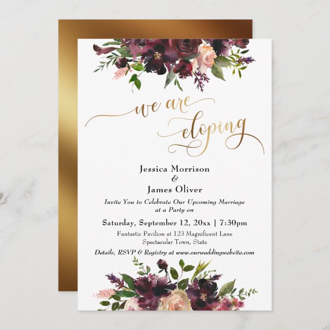Burgundy Red Floral & Gold Elegant We're Eloping Invitation (Front/Back)