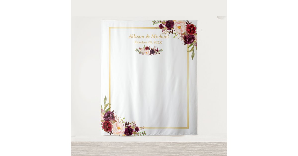 Burgundy Red Floral Gold Frame Wedding Backdrop Zazzle Com