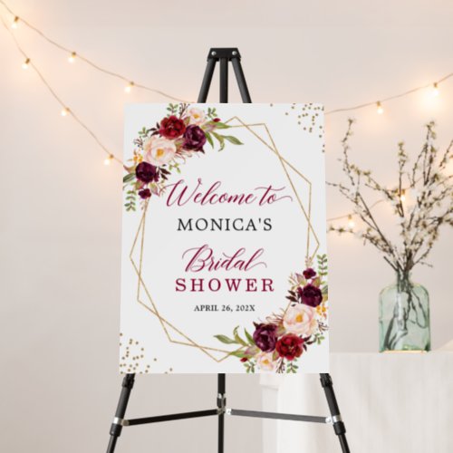 Burgundy Red Floral Gold Geometric Bridal Shower Foam Board - Burgundy Red Floral Gold Geometric Bridal Shower Sign Foam Board. 
(1) The default size is 18 x 24 inches, you can change it to other size.  
(2) For further customization, please click the "customize further" link and use our design tool to modify this template.