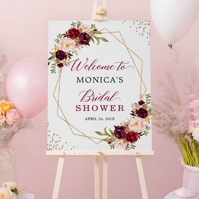 Burgundy Red Floral Gold Geometric Bridal Shower Foam Board (Creator Uploaded)