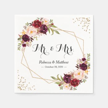 Burgundy Red Floral Gold Geometric Frame Wedding Napkins by CardHunter at Zazzle