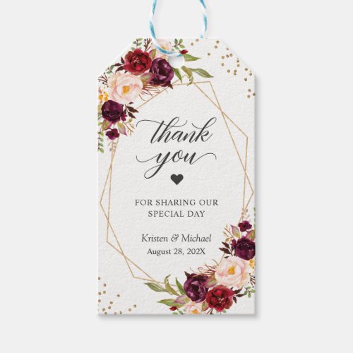 Burgundy Red Floral Gold Geometric Thank You Gift Tags - Customize this "Burgundy Red Floral Gold Geometric Thank You Gift Tags" to add a special touch. It's a perfect addition to match your colors and styles. 
(1) For further customization, please click the "customize further" link and use our design tool to modify this template. 
(2) If you need help or matching items, please contact me.