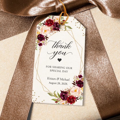 Burgundy Red Floral Gold Geometric Thank You Gift Tags